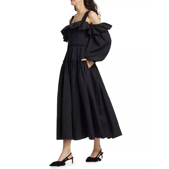 Ulla Johnson Caprice Poplin Off the Shoulder Midi Dress Noir Black Size 2 NEW - Picture 5 of 16
